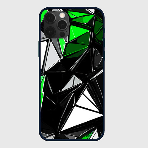 Чехол iPhone 12 Pro Max Зелёно-белые рельефные треугольники на чёрном фоне / 3D-Черный – фото 1