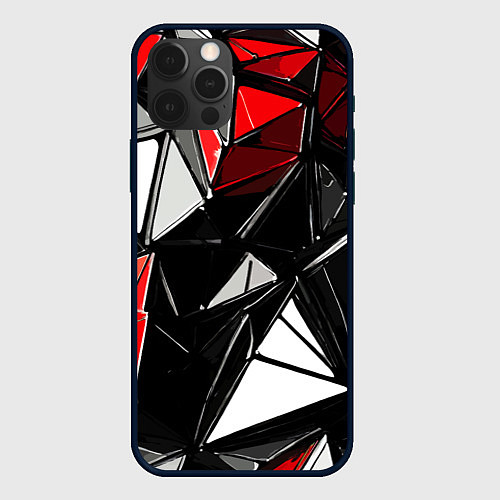 Чехол iPhone 12 Pro Max Красно-белые рельефные треугольники на чёрном фоне / 3D-Черный – фото 1