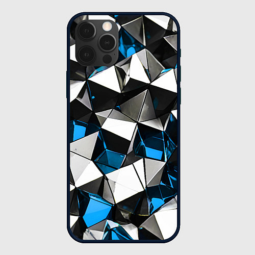 Чехол iPhone 12 Pro Max Сине-белые рельефные треугольники на чёрном фоне / 3D-Черный – фото 1