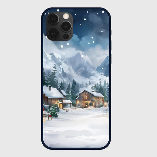 Чехол iPhone 12 Pro Max Новый год - домики в горах / 3D-Черный – фото 1