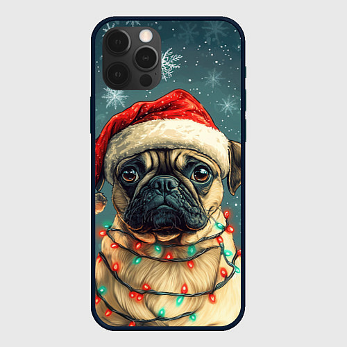 Чехол iPhone 12 Pro Max Новогодний мопс в гирлянде / 3D-Черный – фото 1