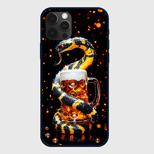 Чехол iPhone 12 Pro Max Змея с кружкой пива в новогоднюю ночь / 3D-Черный – фото 1