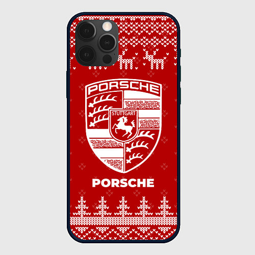 Чехол iPhone 12 Pro Max Новогодний Porsche с оленями / 3D-Черный – фото 1