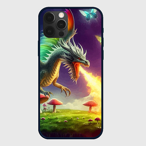 Чехол iPhone 12 Pro Max Огнедышащий дракон на грибной поляне / 3D-Черный – фото 1