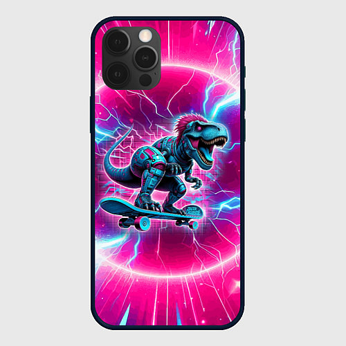Чехол iPhone 12 Pro Max Cyber tyrannosaurus is a cool skateboarder / 3D-Черный – фото 1