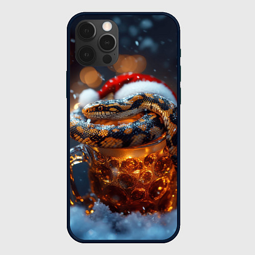 Чехол iPhone 12 Pro Max Новогодняя змея с пивом / 3D-Черный – фото 1