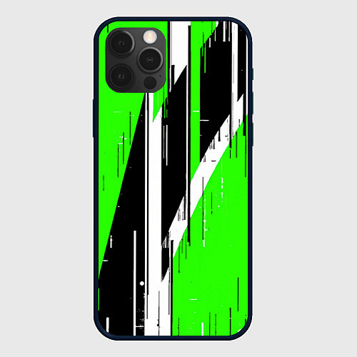 Чехол iPhone 12 Pro Max Чёрно-белые вертикальные полосы на зелёном фоне / 3D-Черный – фото 1
