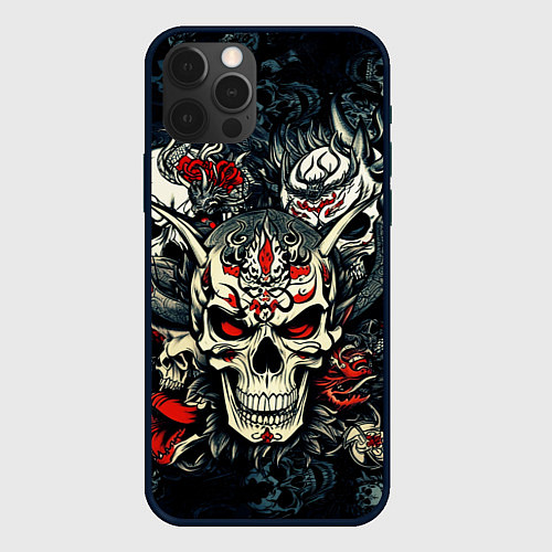 Чехол iPhone 12 Pro Max Маска Хання на черепе самурая на фоне духов / 3D-Черный – фото 1