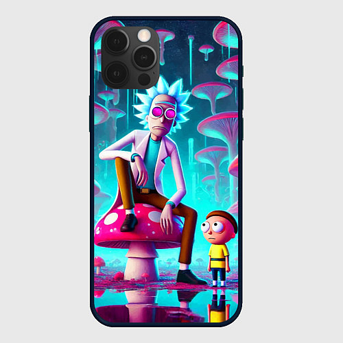 Чехол iPhone 12 Pro Max Рик и Морти у сказочного озера среди грибов / 3D-Черный – фото 1
