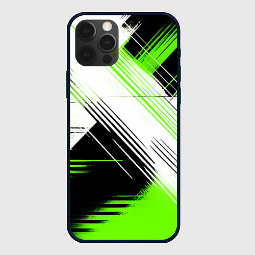 Чехол iPhone 12 Pro Max Диагональные бело-зелёные линии на чёрном фоне / 3D-Черный – фото 1