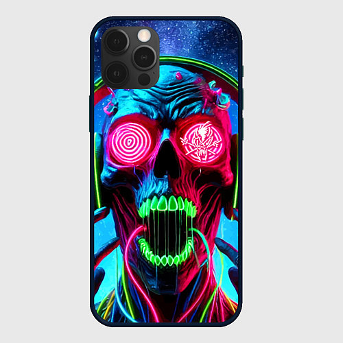 Чехол iPhone 12 Pro Max Metallica - neon skull with headphones / 3D-Черный – фото 1