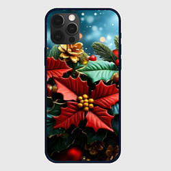 Чехол для iPhone 12 Pro Max Новогодние цветы и шишки, цвет: 3D-черный