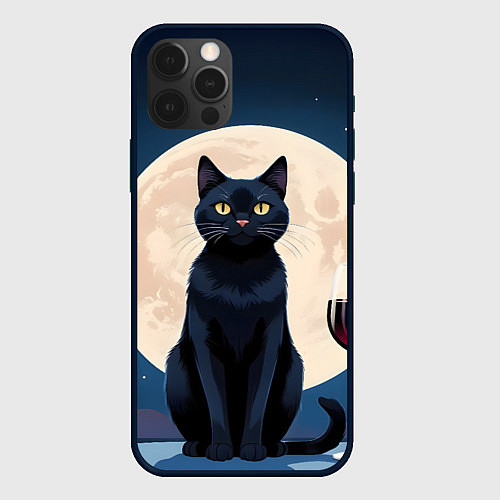 Чехол iPhone 12 Pro Max Кот с вином под луной / 3D-Черный – фото 1