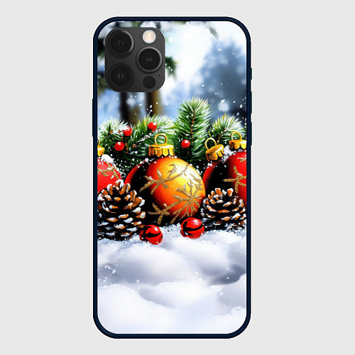 Чехол iPhone 12 Pro Max Красные и желтый новогодние шары / 3D-Черный – фото 1