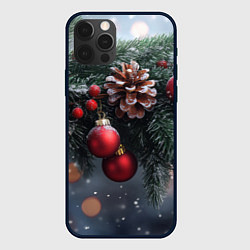 Чехол для iPhone 12 Pro Max Красные игрушки на елке и шишки, цвет: 3D-черный