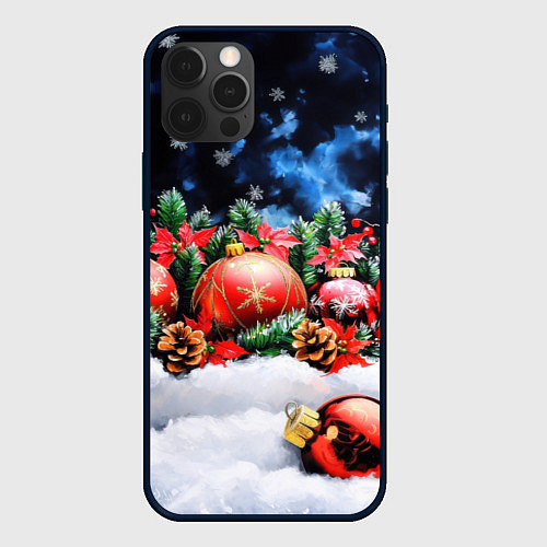 Чехол iPhone 12 Pro Max Новогодние игрушки на снегу / 3D-Черный – фото 1