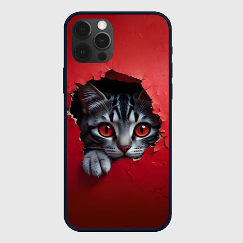 Чехол iPhone 12 Pro Max Выглядывающий котик / 3D-Черный – фото 1