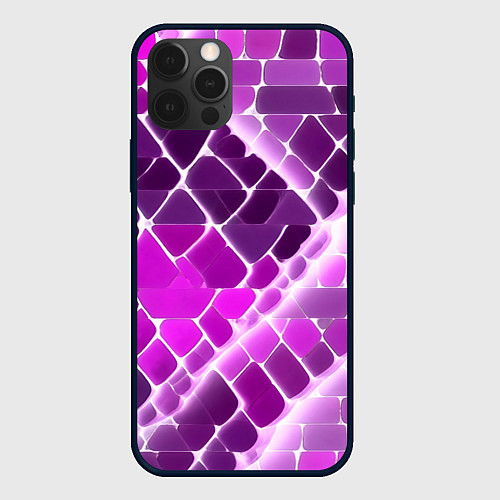 Чехол iPhone 12 Pro Max Фиолетовые рельефные плитки и белое свечение / 3D-Черный – фото 1