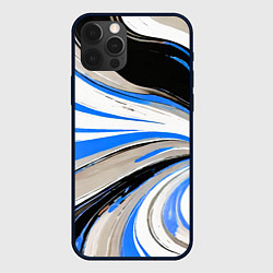 Чехол iPhone 12 Pro Max Волнистые бело-синие линии на чёрном фоне