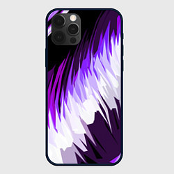 Чехол iPhone 12 Pro Max Бело-фиолетовые острые полосы на чёрном фоне