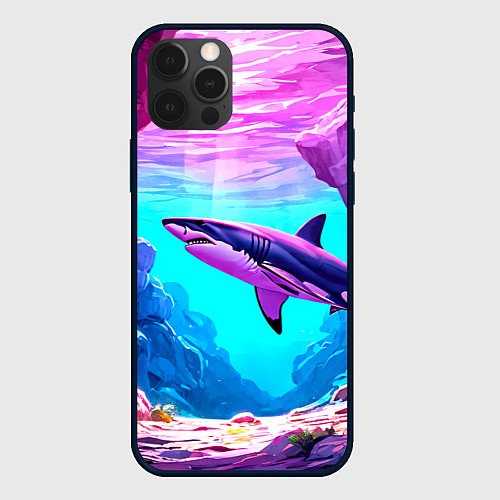 Чехол iPhone 12 Pro Max Акула в розовом сиянии / 3D-Черный – фото 1