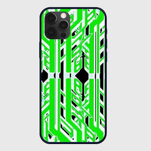 Чехол iPhone 12 Pro Max Бело-зелёные техно полосы на чёрном фоне / 3D-Черный – фото 1