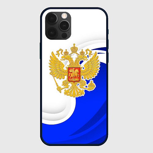 Чехол iPhone 12 Pro Max Герб России - белый и синий / 3D-Черный – фото 1