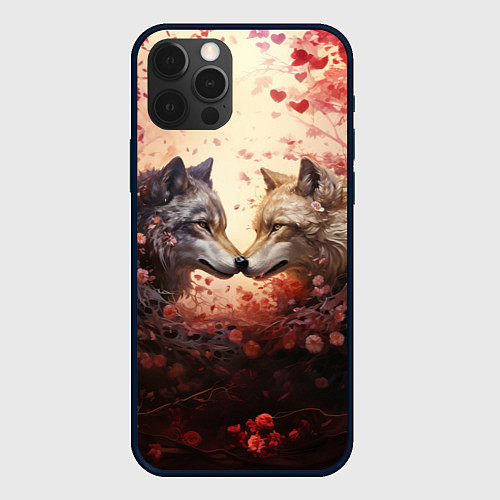 Чехол iPhone 12 Pro Max Волк и волчица в бутонах цветов / 3D-Черный – фото 1