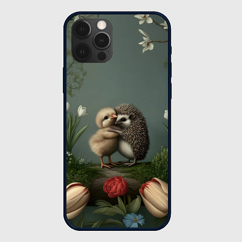 Чехол iPhone 12 Pro Max Ежик и цыпленок обнимаются / 3D-Черный – фото 1
