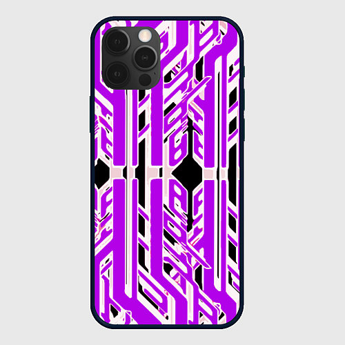 Чехол iPhone 12 Pro Max Бело-фиолетовые техно полосы на чёрном фоне / 3D-Черный – фото 1
