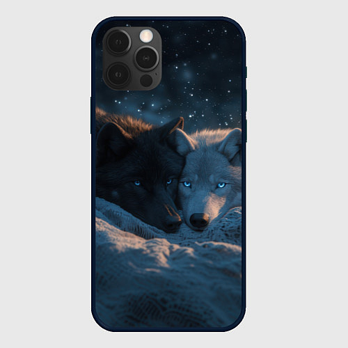 Чехол iPhone 12 Pro Max Влюбленные волки лежат вместе / 3D-Черный – фото 1