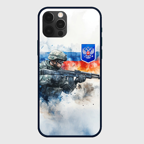 Чехол iPhone 12 Pro Max Русский солдат и синий герб РФ / 3D-Черный – фото 1