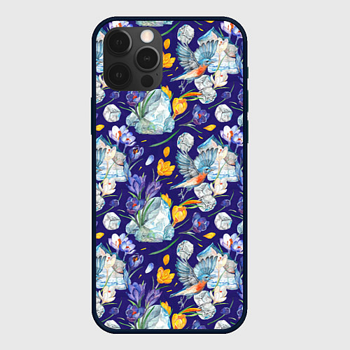 Чехол iPhone 12 Pro Max Крокусы и зяблик во льдах / 3D-Черный – фото 1