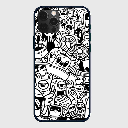 Чехол iPhone 12 Pro Max Black and white doddle monsters / 3D-Черный – фото 1