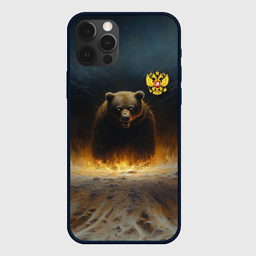 Чехол iPhone 12 Pro Max Русский медведь в огненном поле / 3D-Черный – фото 1
