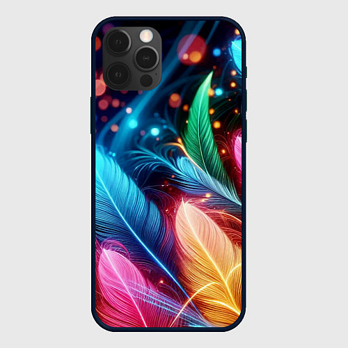 Чехол iPhone 12 Pro Max Яркие красочные неоновые перья / 3D-Черный – фото 1