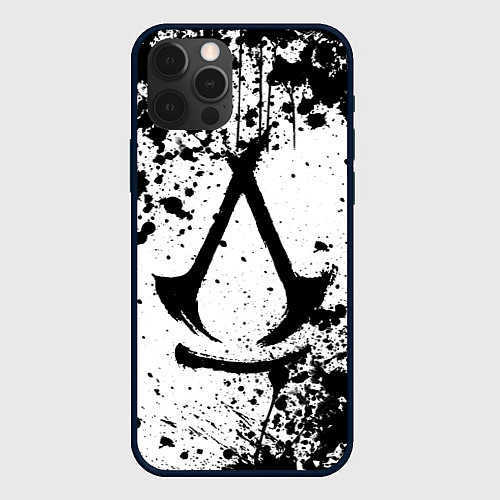 Чехол iPhone 12 Pro Max Assassins creed shadows - черно-белые брызги / 3D-Черный – фото 1