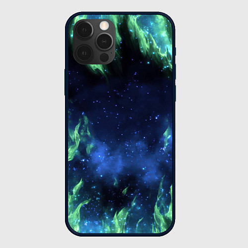 Чехол iPhone 12 Pro Max Зеленые языки пламени / 3D-Черный – фото 1