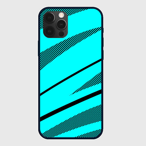 Чехол iPhone 12 Pro Max Неоновый голубой с чёрным абстракция с полосой / 3D-Черный – фото 1