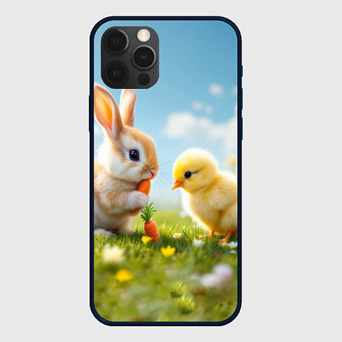 Чехол iPhone 12 Pro Max Кролик и цыпленок встречают Пасху / 3D-Черный – фото 1