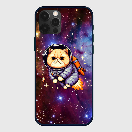 Чехол iPhone 12 Pro Max Котик космонавт в открытом космосе / 3D-Черный – фото 1