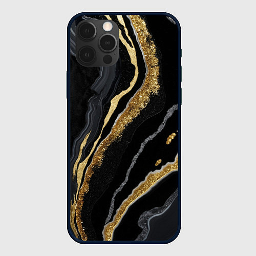 Чехол iPhone 12 Pro Max Узоры черного мрамора с золотом / 3D-Черный – фото 1