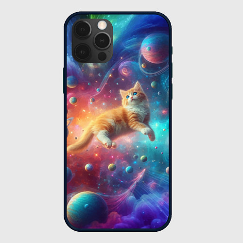 Чехол iPhone 12 Pro Max Рыжий космический котёнок - неоновое свечение / 3D-Черный – фото 1