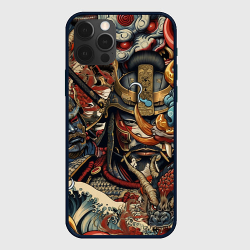 Чехол iPhone 12 Pro Max Дракон и самурай в стиле татуировки ирезуми / 3D-Черный – фото 1