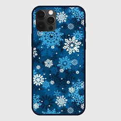 Чехол iPhone 12 Pro Max Снежинки белые и голубые