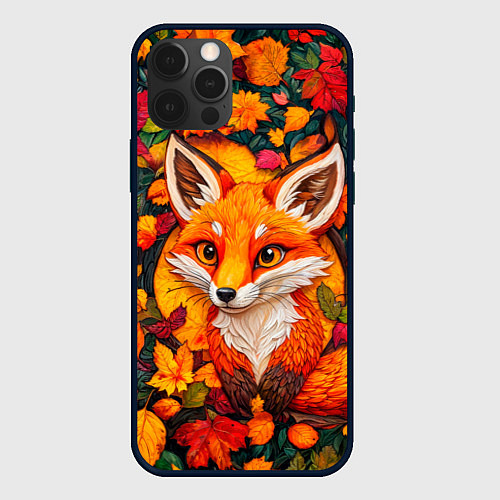 Чехол iPhone 12 Pro Max Лисенок в осенних листьях / 3D-Черный – фото 1