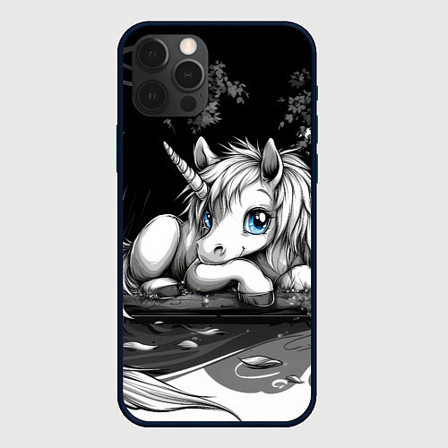 Чехол iPhone 12 Pro Max Белый единорог с голубыми глазами / 3D-Черный – фото 1