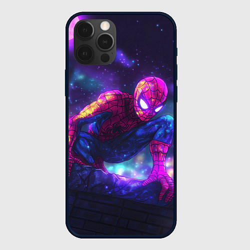 Чехол iPhone 12 Pro Max Человек-паук неоновый свет / 3D-Черный – фото 1