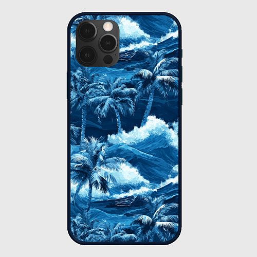 Чехол iPhone 12 Pro Max Пальмы и волны - голубые оттенки паттерн / 3D-Черный – фото 1