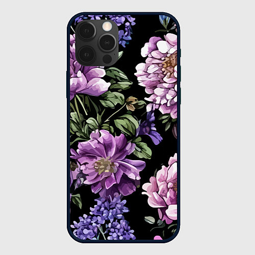 Чехол iPhone 12 Pro Max Пионы и сирень старинный узор / 3D-Черный – фото 1
